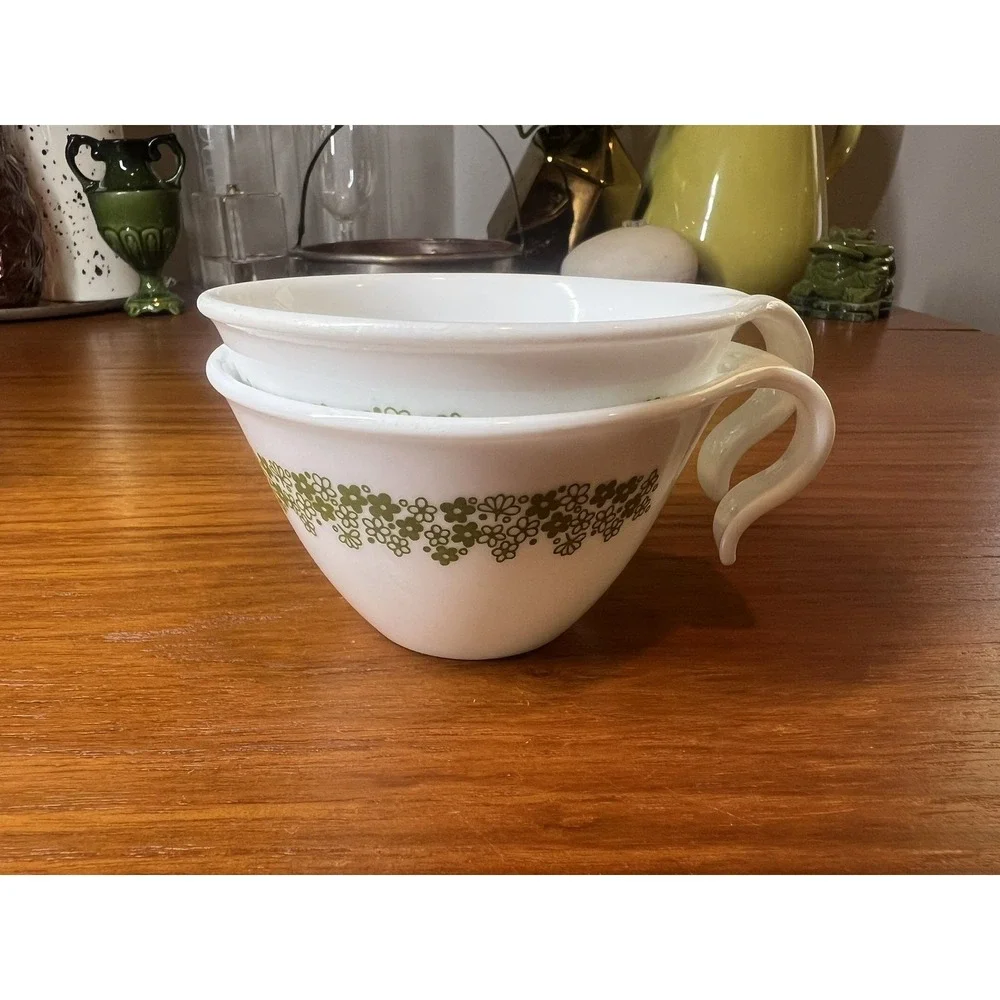 Vintage PAIR Coffee Tea Cups Corelle Spring Blossom Crazy Daisy Open Hook Handle